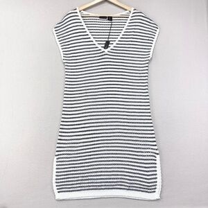 NWT Tahari Black & White Striped Cotton V-Neck Sweater Dress w/ Slits Size M